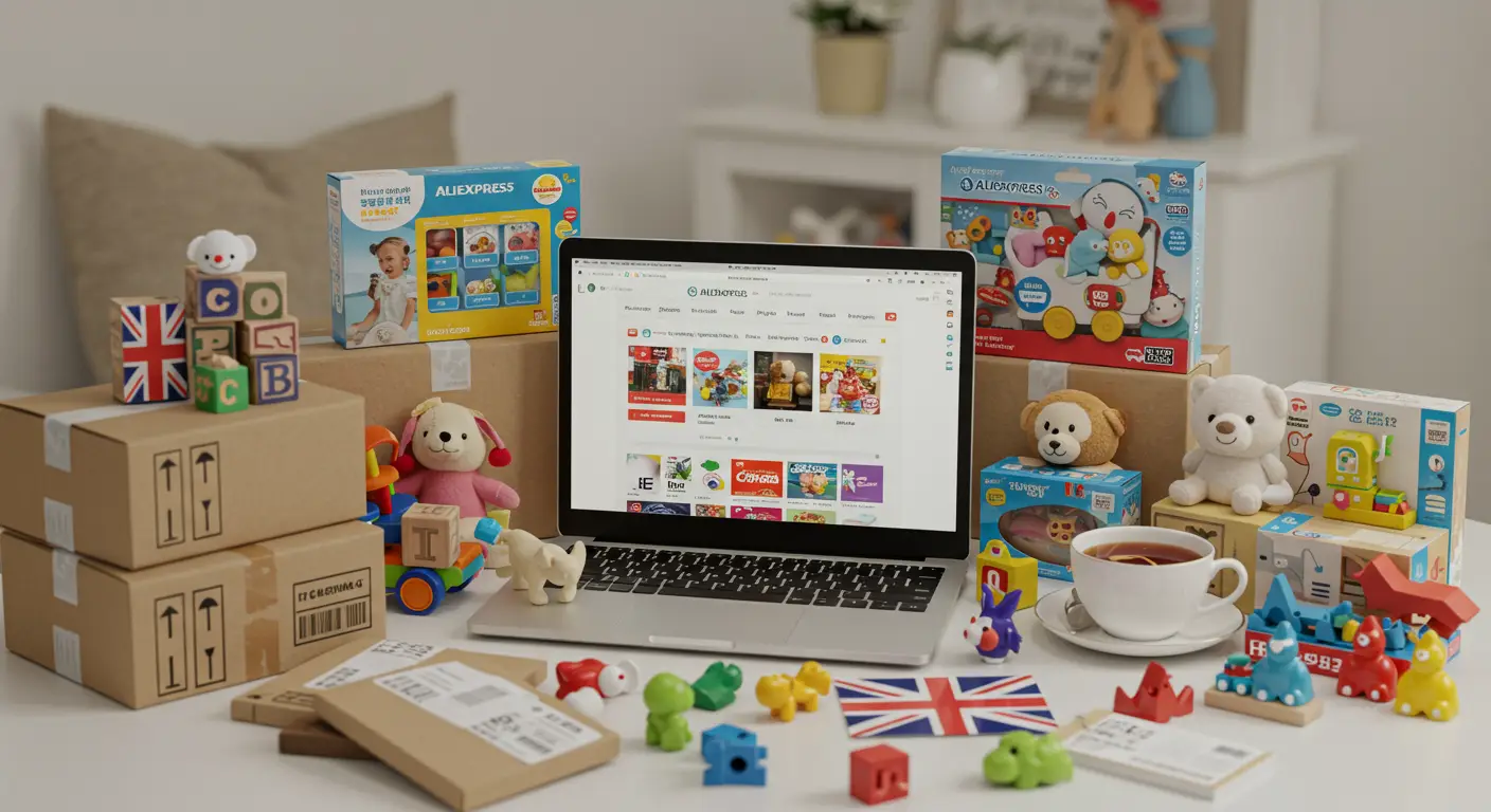 A collage of colourful toys, including plush animals, building blocks, and action figures, with a laptop displaying the AliExpress website, highlighting the best UK-friendly toy stores for safe shipping.