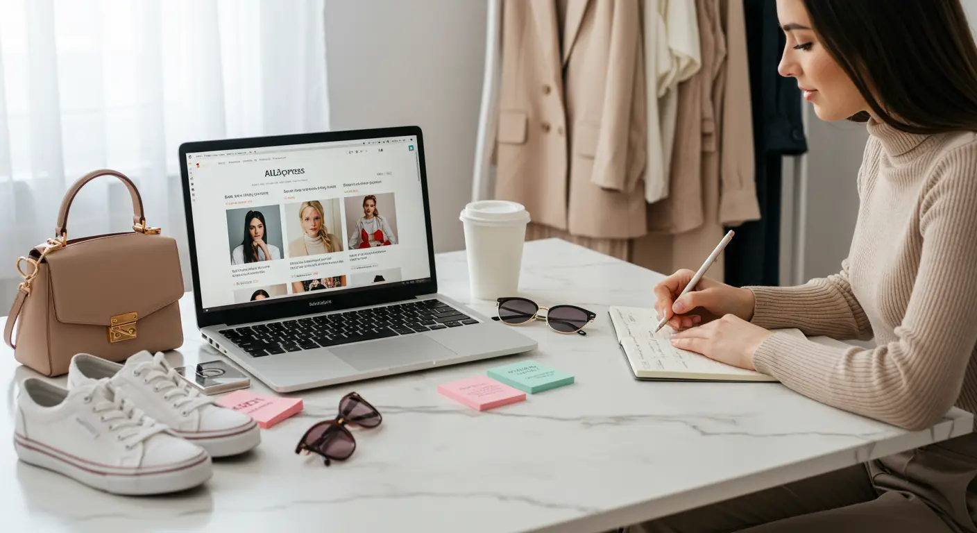 A collage of five trendy clothing items and accessories from popular fashion brands on AliExpress, displayed on a laptop screen with shopping icons.