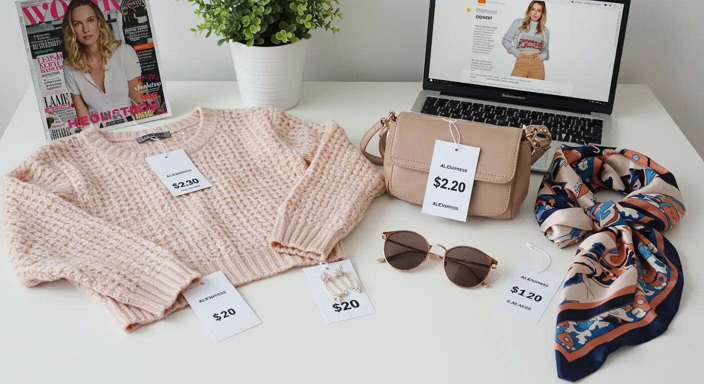A collage of five trendy fashion items from AliExpress, including a floral dress, statement earrings, a stylish handbag, a pair of sunglasses, and casual trainers, all priced under $20.