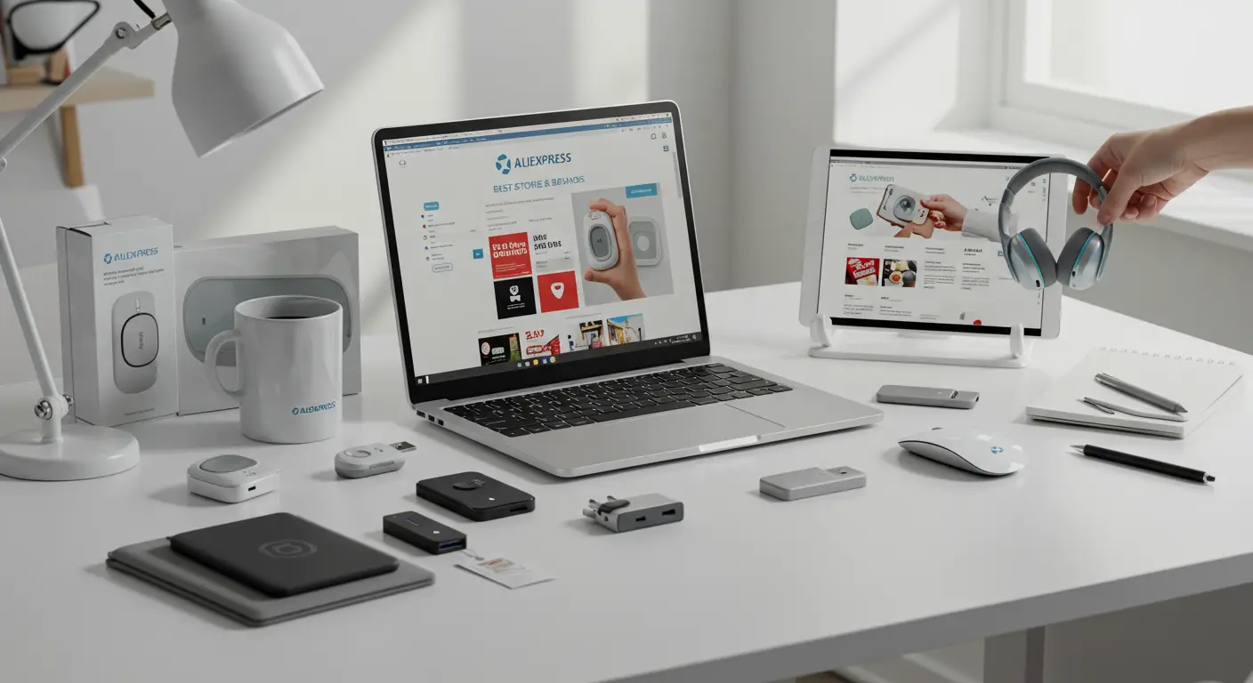 A collage of popular AliExpress laptop accessories such as keyboards, laptop stands, and USB hubs, displayed on a laptop screen with the AliExpress logo visible.