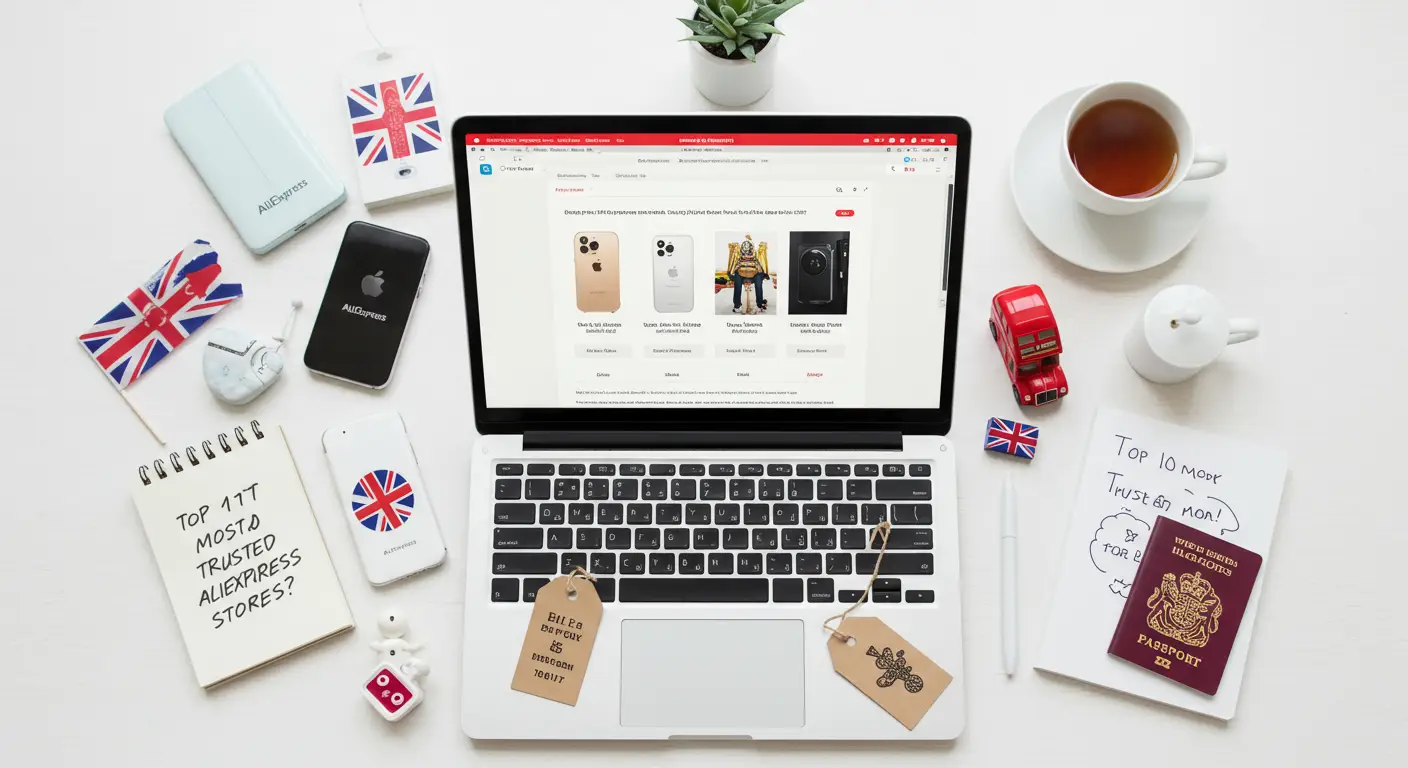 A collage of popular AliExpress store logos with a UK flag in the background, highlighting trusted online shops that ship to the UK.