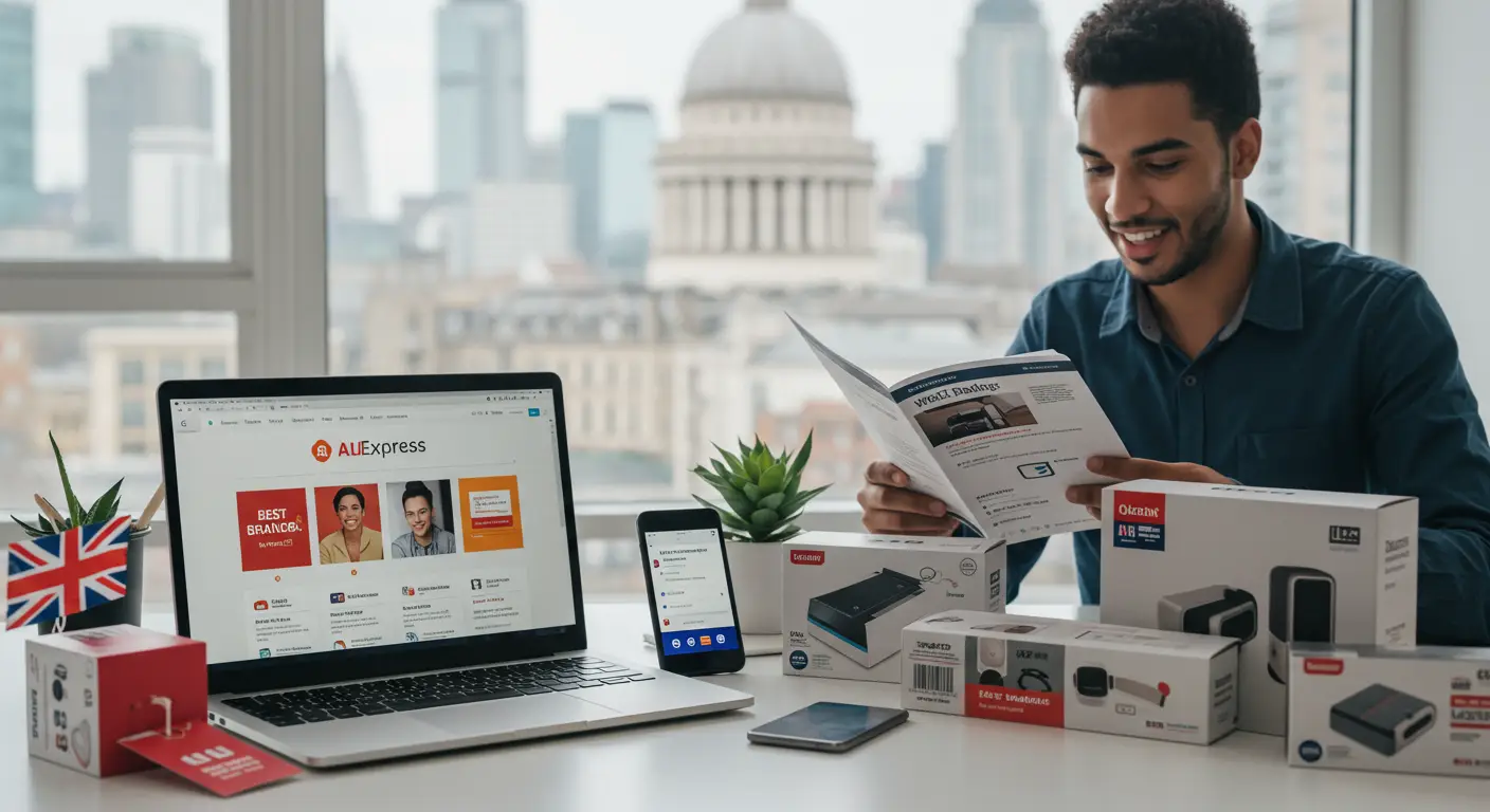 A collage of popular AliExpress stores with fast EU and UK warehouse shipping, featuring product images, delivery trucks, and flags of the European Union and United Kingdom.
