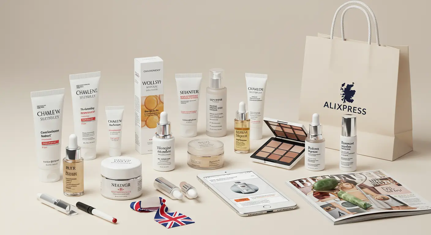 A collage of popular beauty and skincare products from top AliExpress stores, with a laptop and UK flag in the background, representing online shopping for UK buyers.