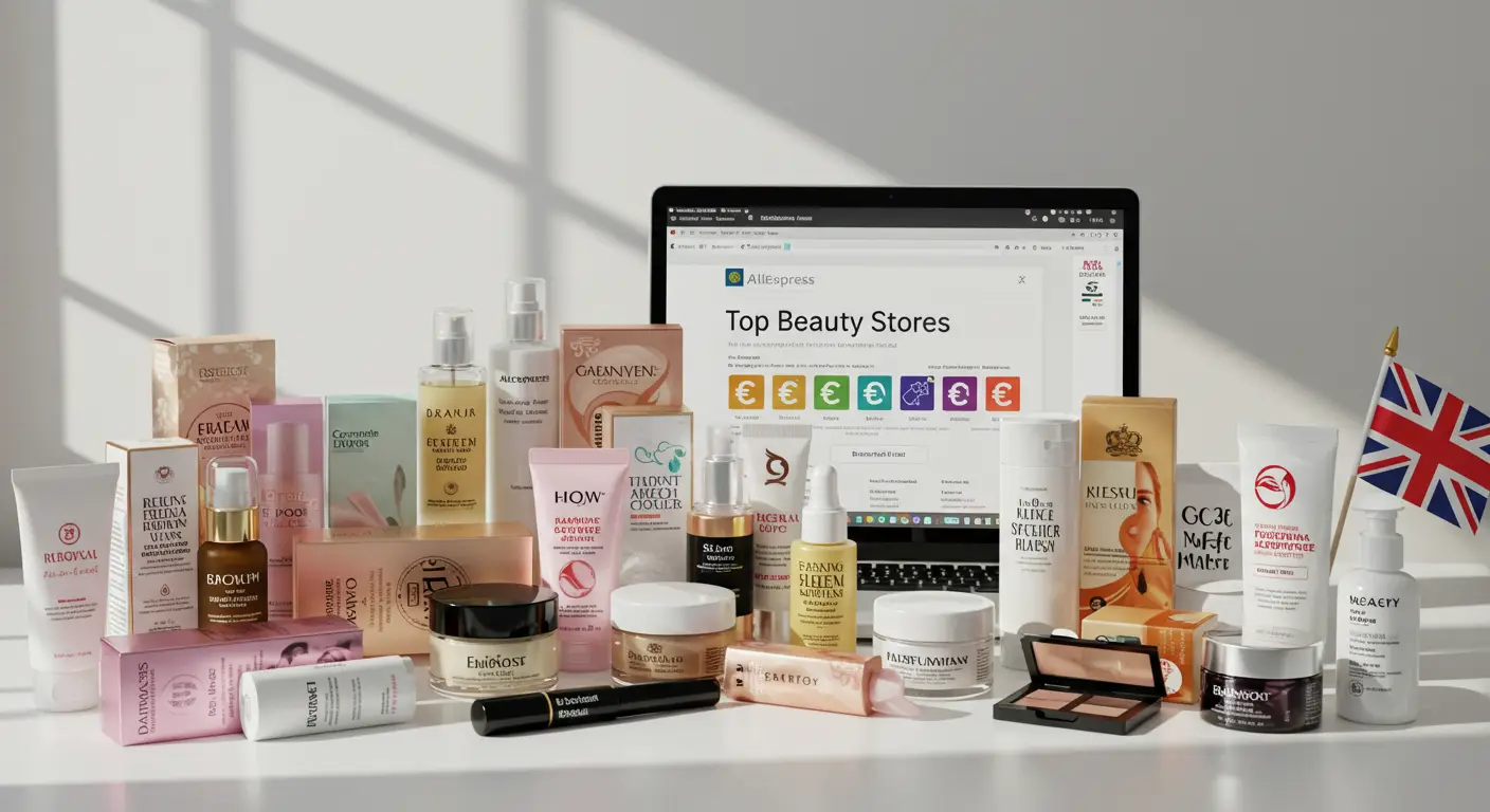 A collage of popular beauty and skincare products from top AliExpress stores, displayed on a smartphone screen with a UK flag in the background, representing online shopping options for UK buyers.