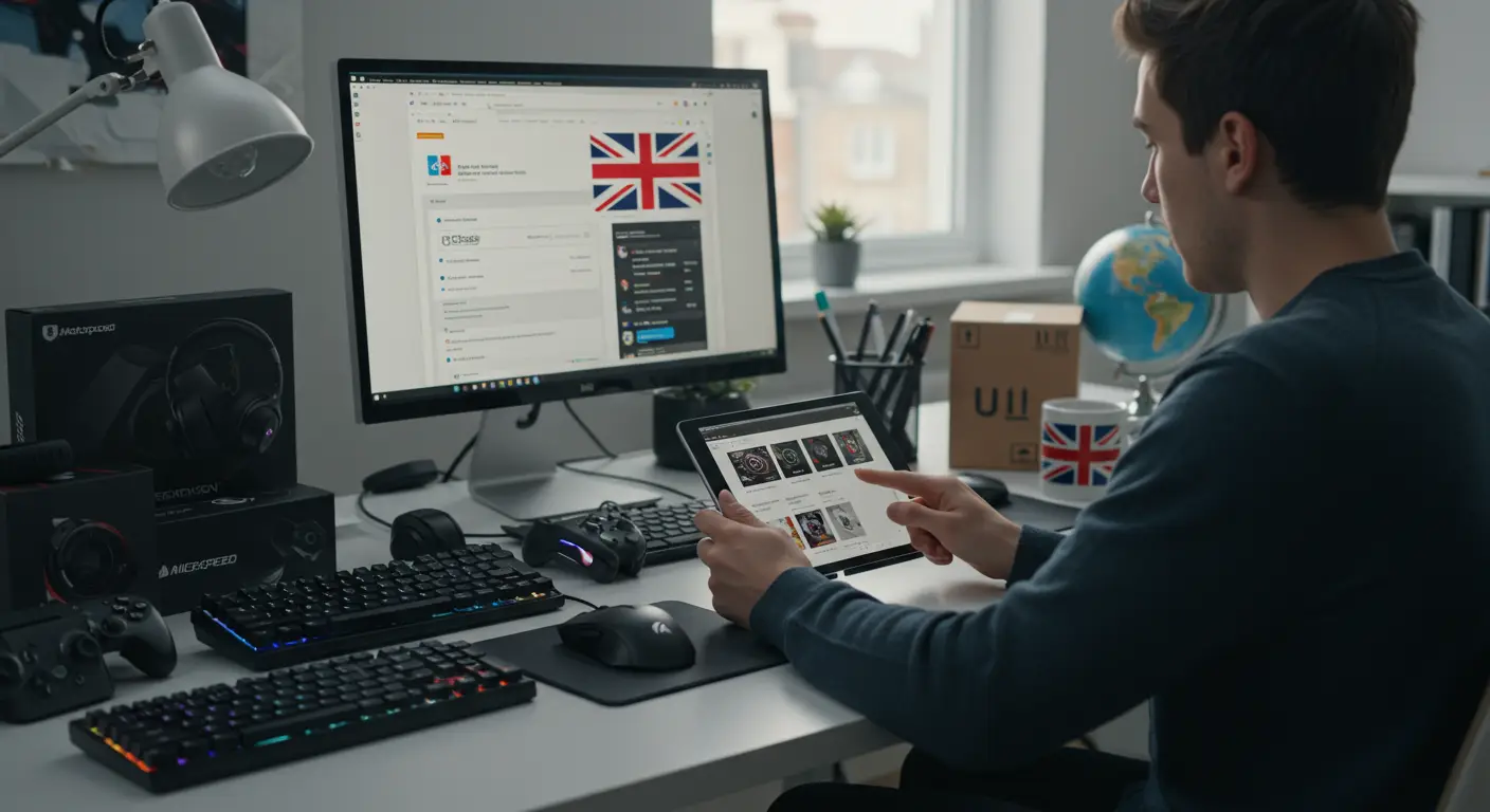 A collage of popular gaming gear such as keyboards, headphones, and gaming mice, with the AliExpress logo and a UK flag in the background, representing top gaming gear stores for UK shoppers.