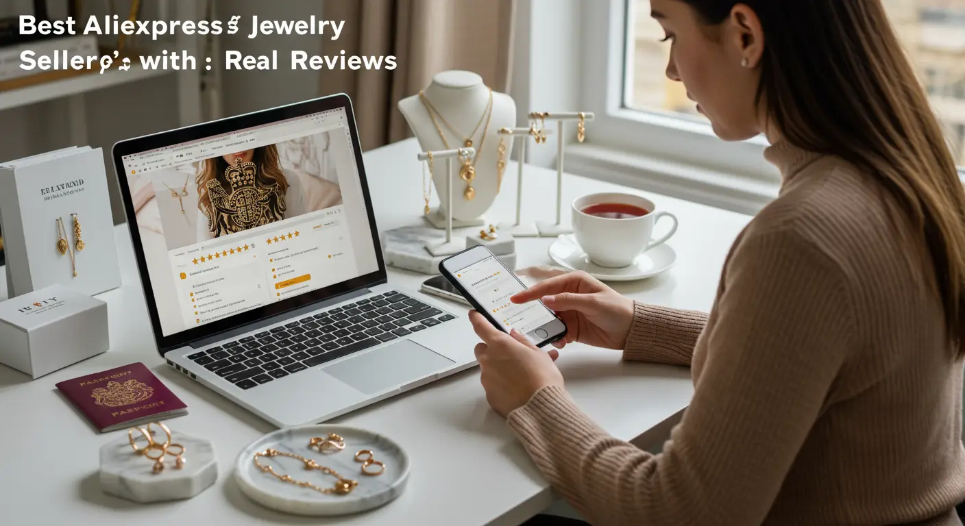 A collage of stylish jewellery pieces including rings, earrings, and necklaces displayed on a white background, with the AliExpress logo in the corner.