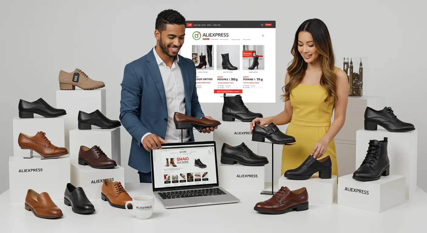 A collage of stylish men’s and women’s shoes displayed on digital screens, representing top AliExpress shoe stores for online shoppers.