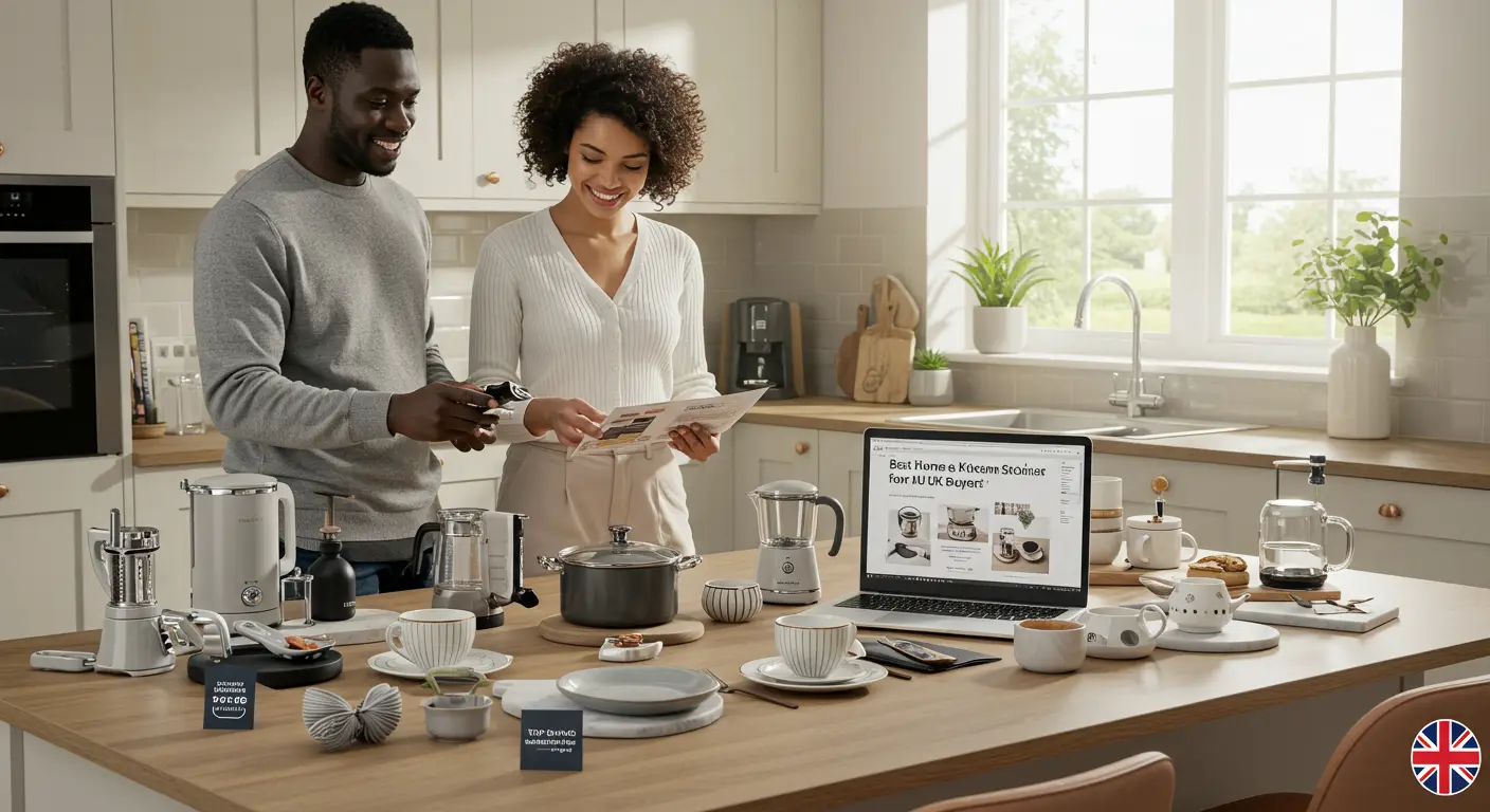 A collage of top-rated AliExpress home and kitchen products, including cookware, storage containers, and small appliances, with UK delivery icons and customer ratings displayed.