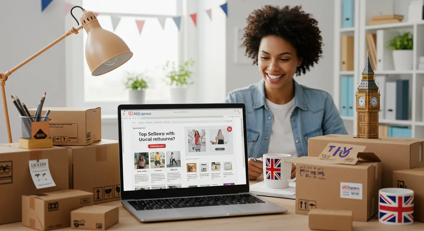 A collage showing popular AliExpress products, such as electronics and clothing, with a UK flag and a