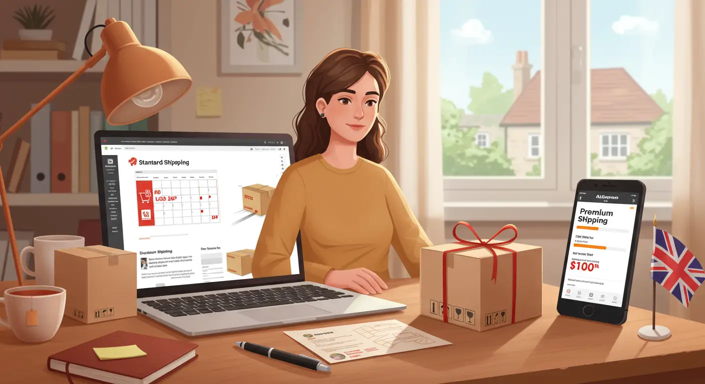 A comparison chart displays the differences between AliExpress Standard Shipping and Premium Shipping, highlighting factors such as delivery times, tracking options, and costs.