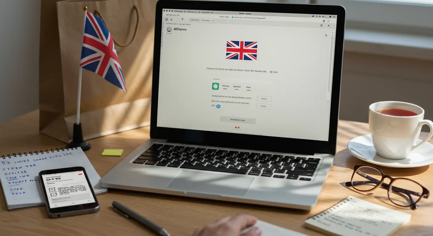 A computer screen displays the AliExpress homepage with a 'Sign Up' form being filled out, showing steps to create a new account from the UK.