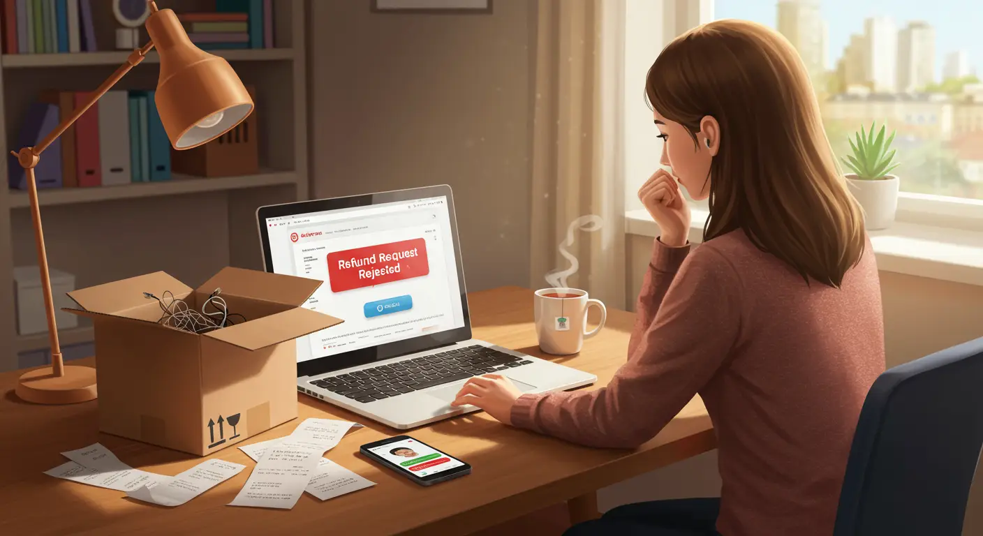 A concerned online shopper checks their Aliexpress account on a laptop, reviewing a notification about a rejected refund request for a recent purchase.