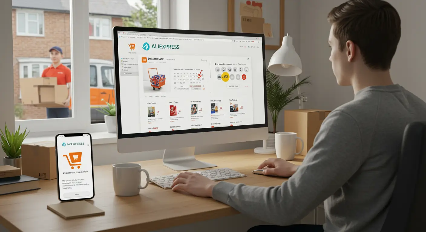 A delivery person hands a parcel to a customer at their front door, with a laptop displaying the AliExpress website in the background, highlighting online shopping and delivery timing.