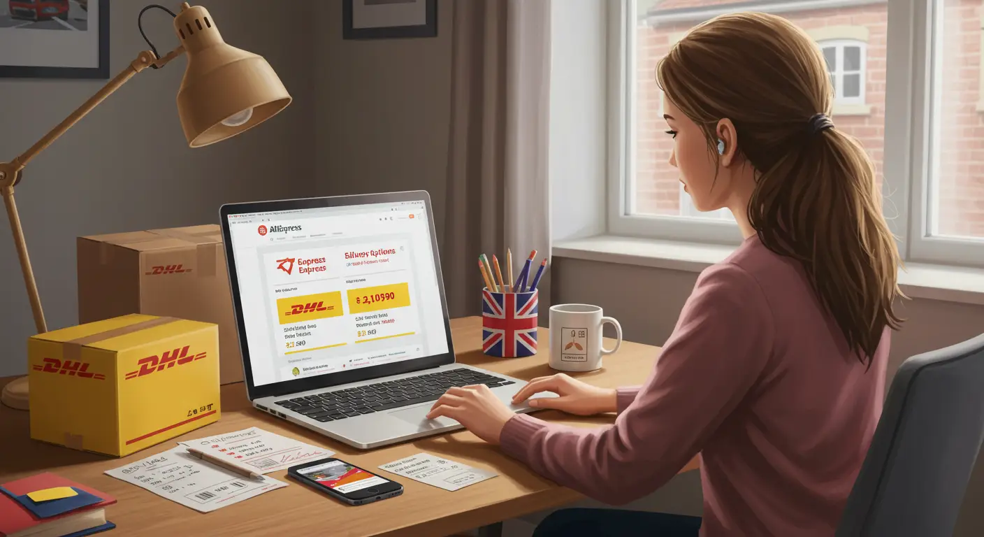 A DHL delivery van parked outside a residential home, with a person receiving a package, representing fast international shipping from AliExpress to the UK.