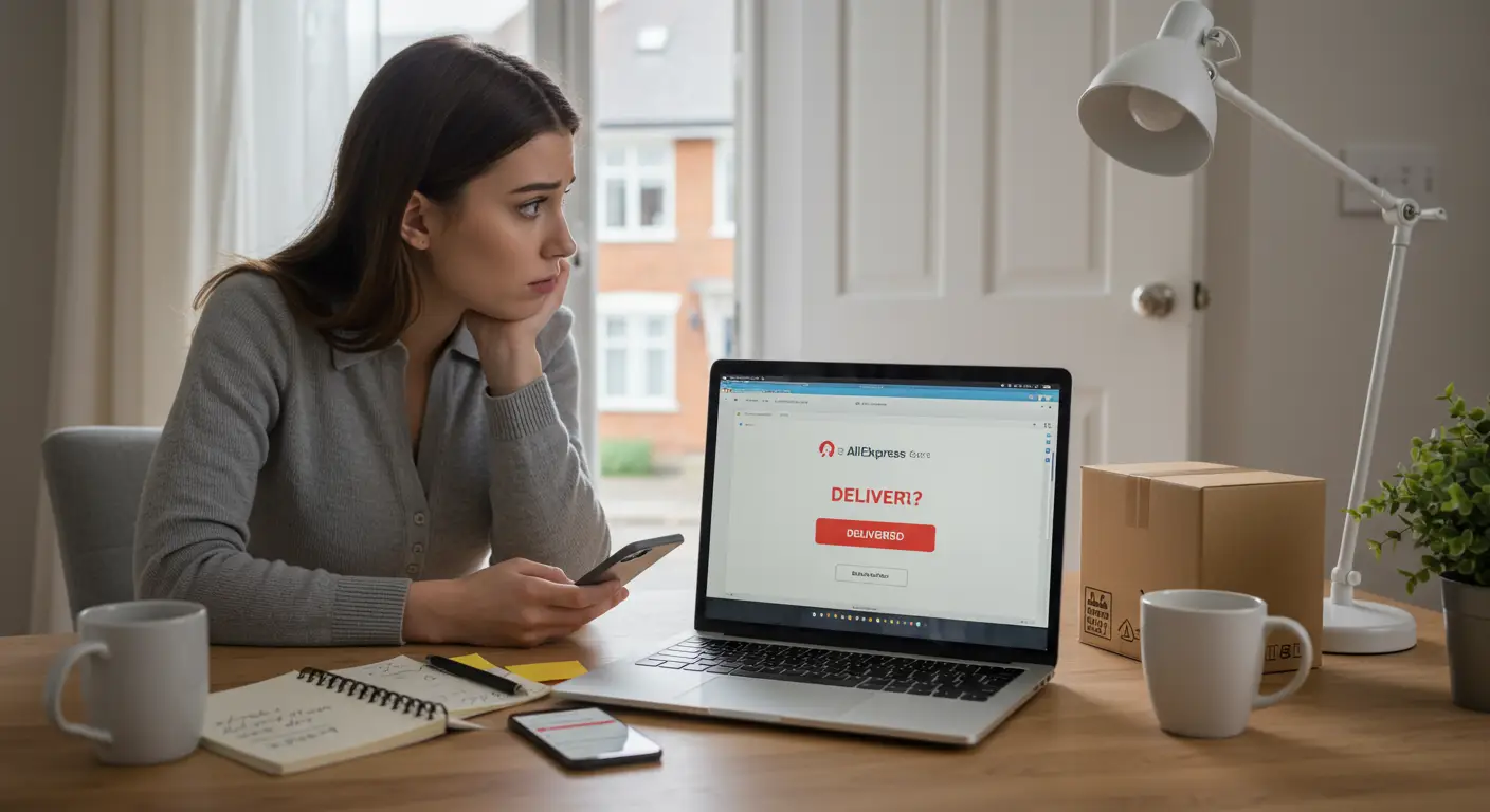 A frustrated person checking their phone, with a parcel icon and a