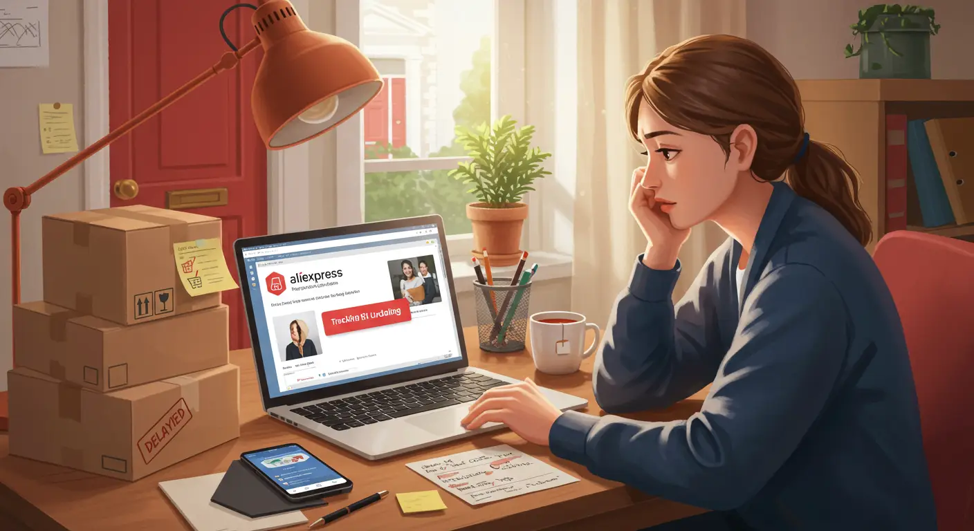 A frustrated person sits at a desk with a laptop and smartphone, checking their AliExpress order tracking, with a loading symbol and question marks on the screen.