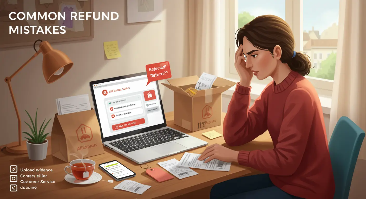 A frustrated person sits at a desk with a laptop displaying a rejected refund message on the AliExpress website, surrounded by paperwork and a credit card.