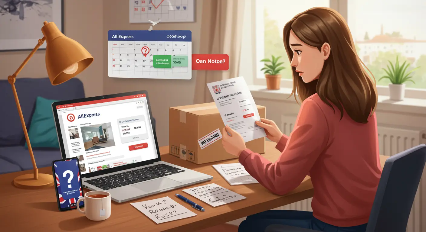 A frustrated person sits at a desk with a laptop open to the AliExpress website, surrounded by parcels and a document stamped
