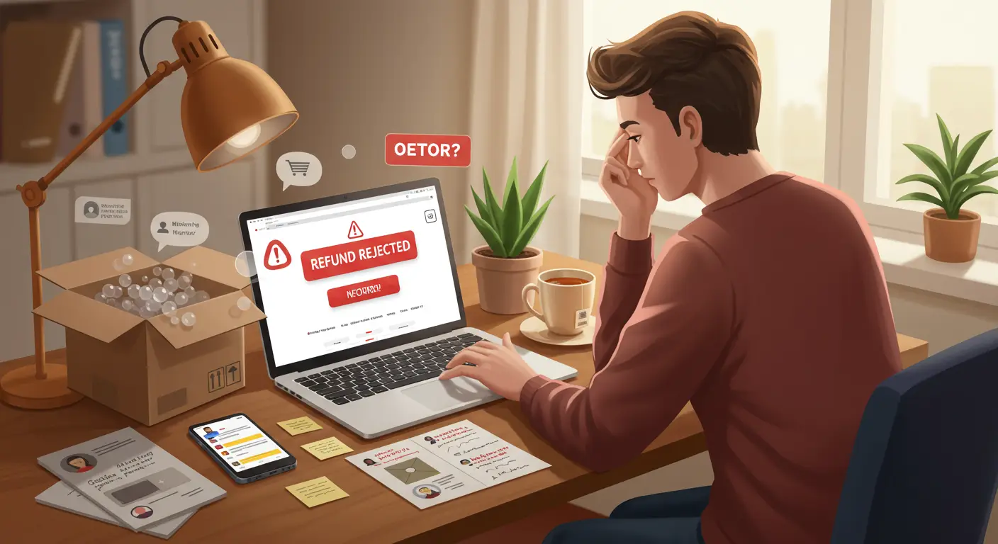 A frustrated person sits at a desk with a laptop, reviewing a rejected refund notification from AliExpress, surrounded by shopping bags and receipts.