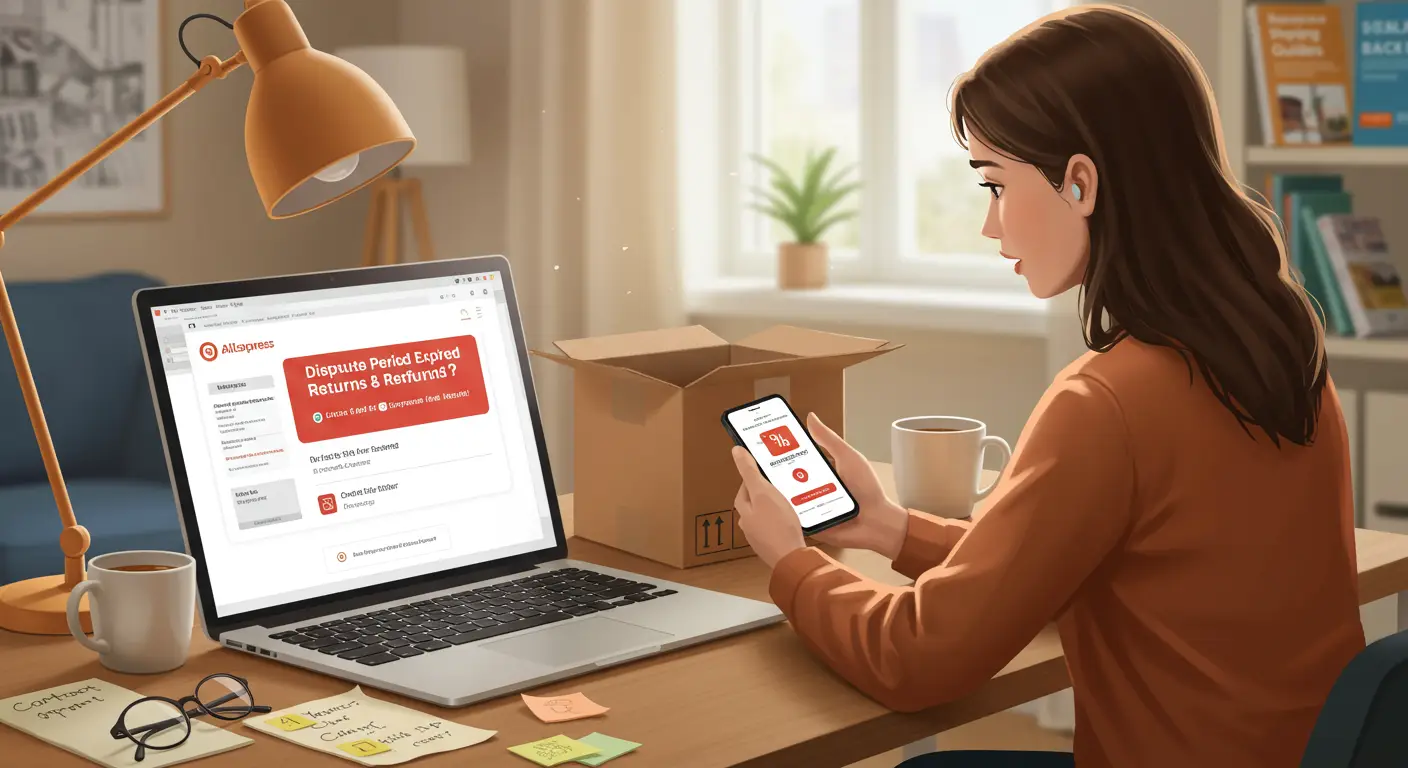 A frustrated person sits at a laptop displaying the AliExpress logo and a missed deadline notice, surrounded by shopping bags and a calendar marked with an overdue date.