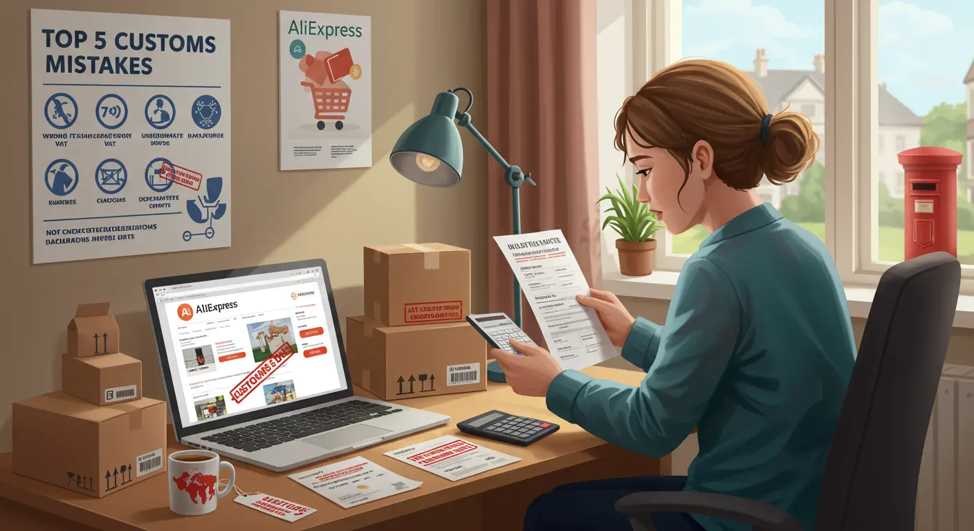 A frustrated shopper reviews a long customs invoice beside an open laptop displaying Aliexpress, with several small packages and parcels scattered on the desk.