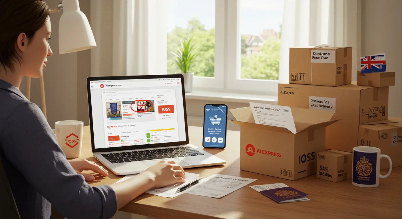 A graphic showing the AliExpress logo alongside the UK flag, with shopping parcels and a digital tablet, illustrating changes to online shopping regulations for UK buyers under the IOSS scheme.