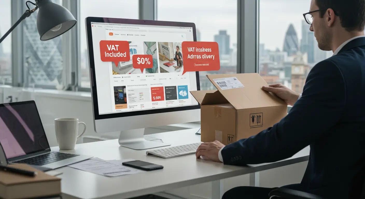 A laptop displaying an online shopping website sits on a desk, with a person holding a credit card and a parcel labelled
