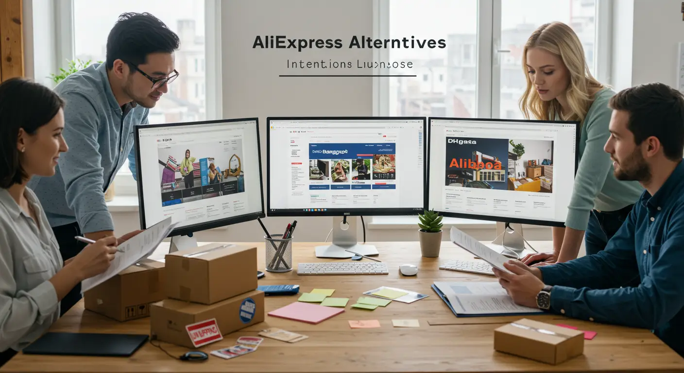 A laptop displaying an online wholesale marketplace, surrounded by cardboard boxes and shopping bags, representing alternatives to AliExpress for bulk buying.