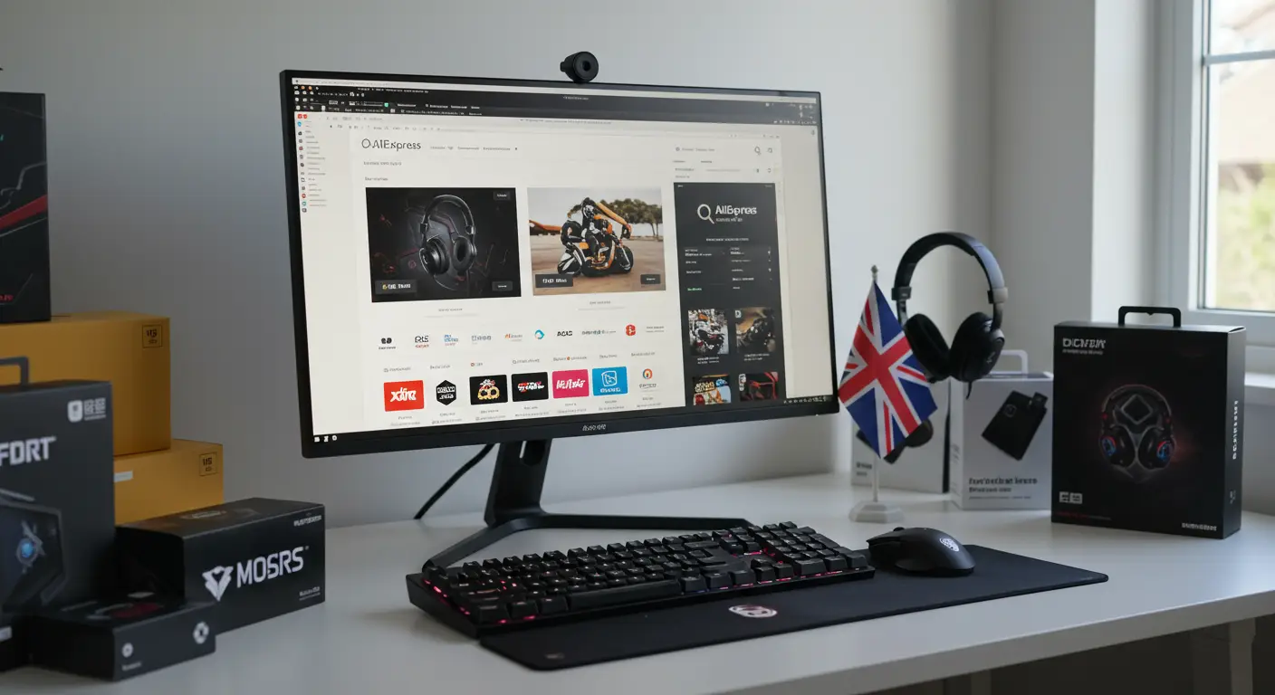 A laptop displaying the AliExpress homepage, surrounded by gaming accessories such as a headset, mouse, and keyboard, representing online shopping for gaming gear in the UK.