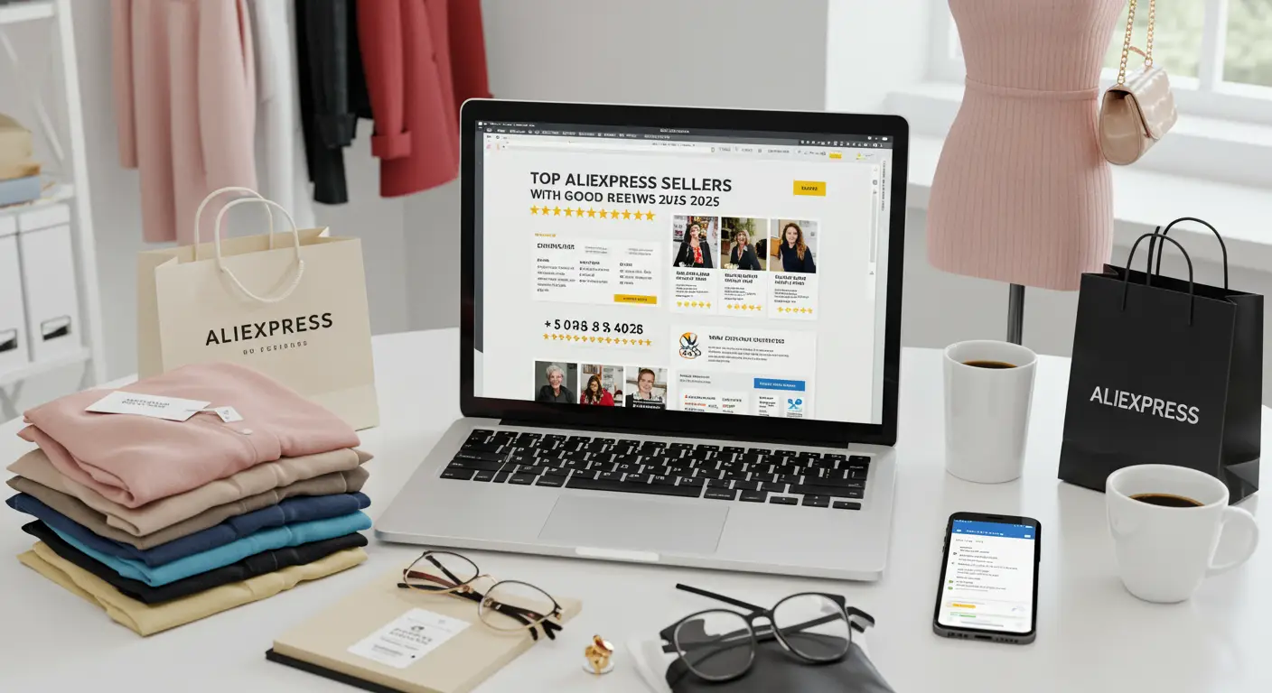 A laptop displaying the AliExpress homepage, surrounded by stylish clothing items and shopping bags, representing top-rated clothing sellers in 2025.