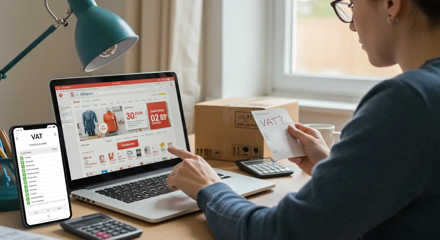 A laptop displaying the AliExpress website sits on a desk, with a miniature shopping cart and a UK flag placed beside it, representing online shopping and VAT rules for UK buyers.