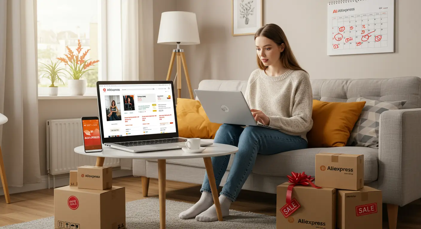A laptop displaying the AliExpress website, surrounded by festive holiday decorations and parcels, illustrating the impact of holiday sales on shipping times.