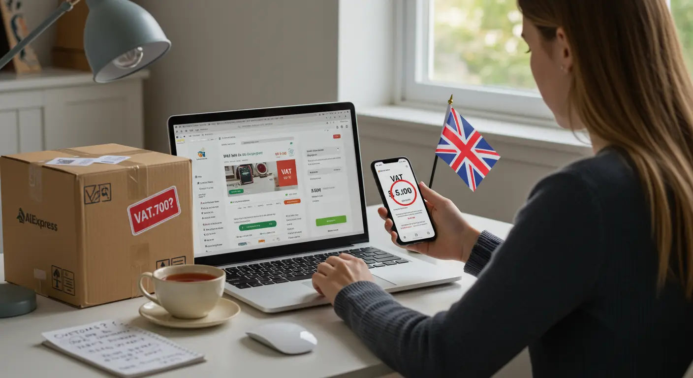 A laptop displaying the AliExpress website, with a magnifying glass highlighting the VAT section, alongside a shopping cart and a UK flag in the background.