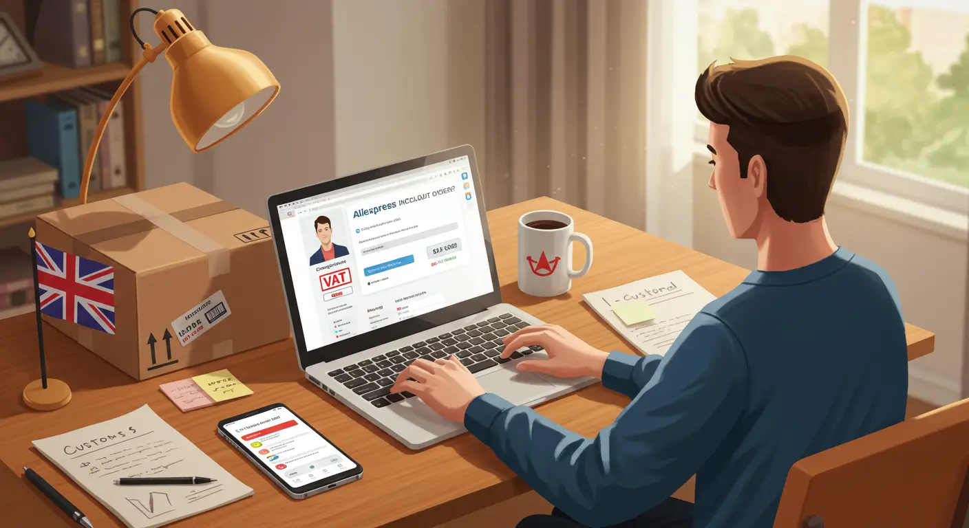 A laptop displaying the AliExpress website with a shopping basket icon and a VAT label, highlighting the inclusion of VAT at checkout for UK orders.
