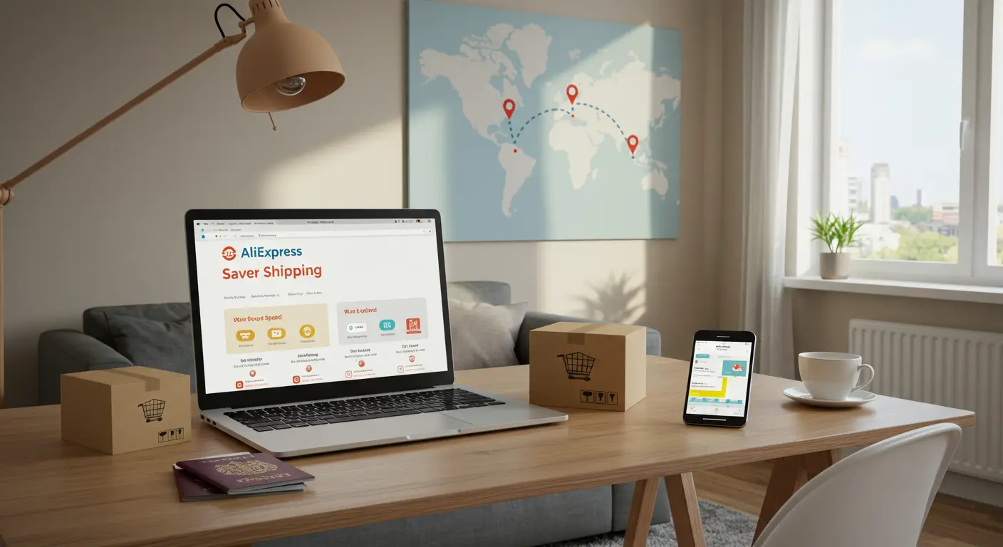 A laptop displaying the AliExpress website, with a shopping cart icon and delivery packages, representing online shopping and Saver Shipping options for UK customers.