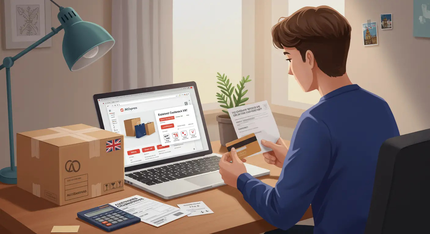 A laptop displaying the AliExpress website with a shopping cart icon and a UK flag, surrounded by cardboard parcels and a calculator, highlighting customs fees for UK orders.