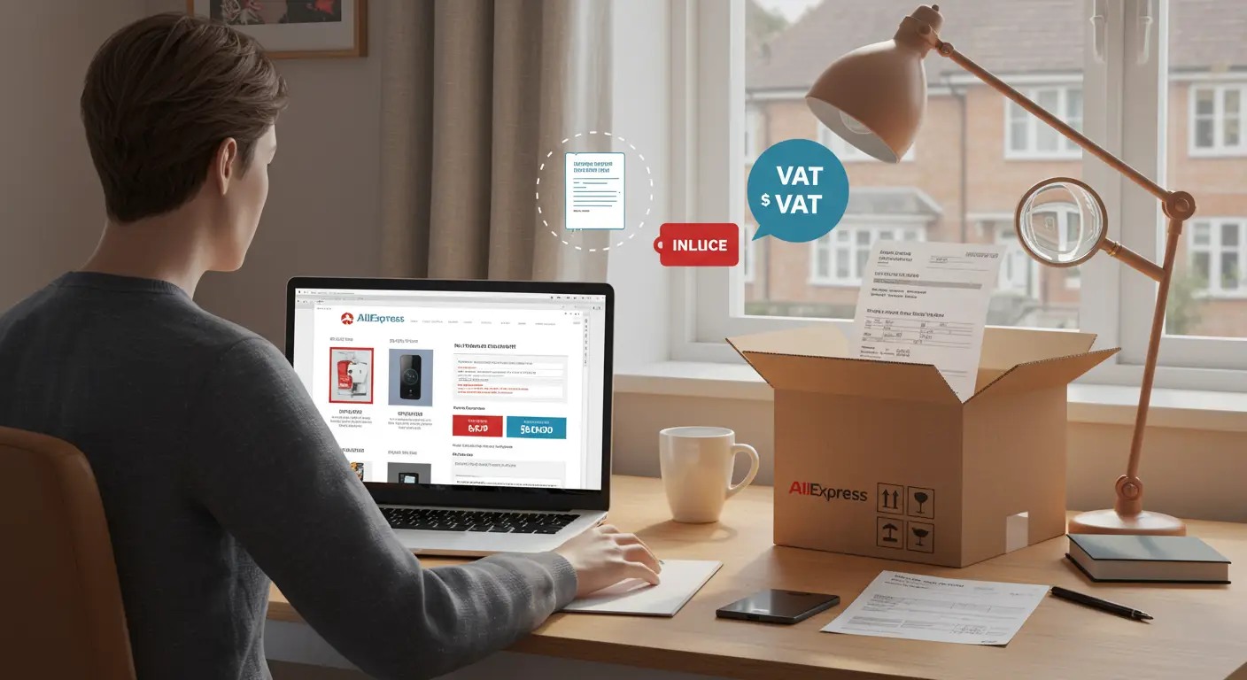 A laptop displaying the AliExpress website with a shopping cart icon, alongside a UK flag and a VAT document, illustrating the concept of VAT thresholds for online purchases.