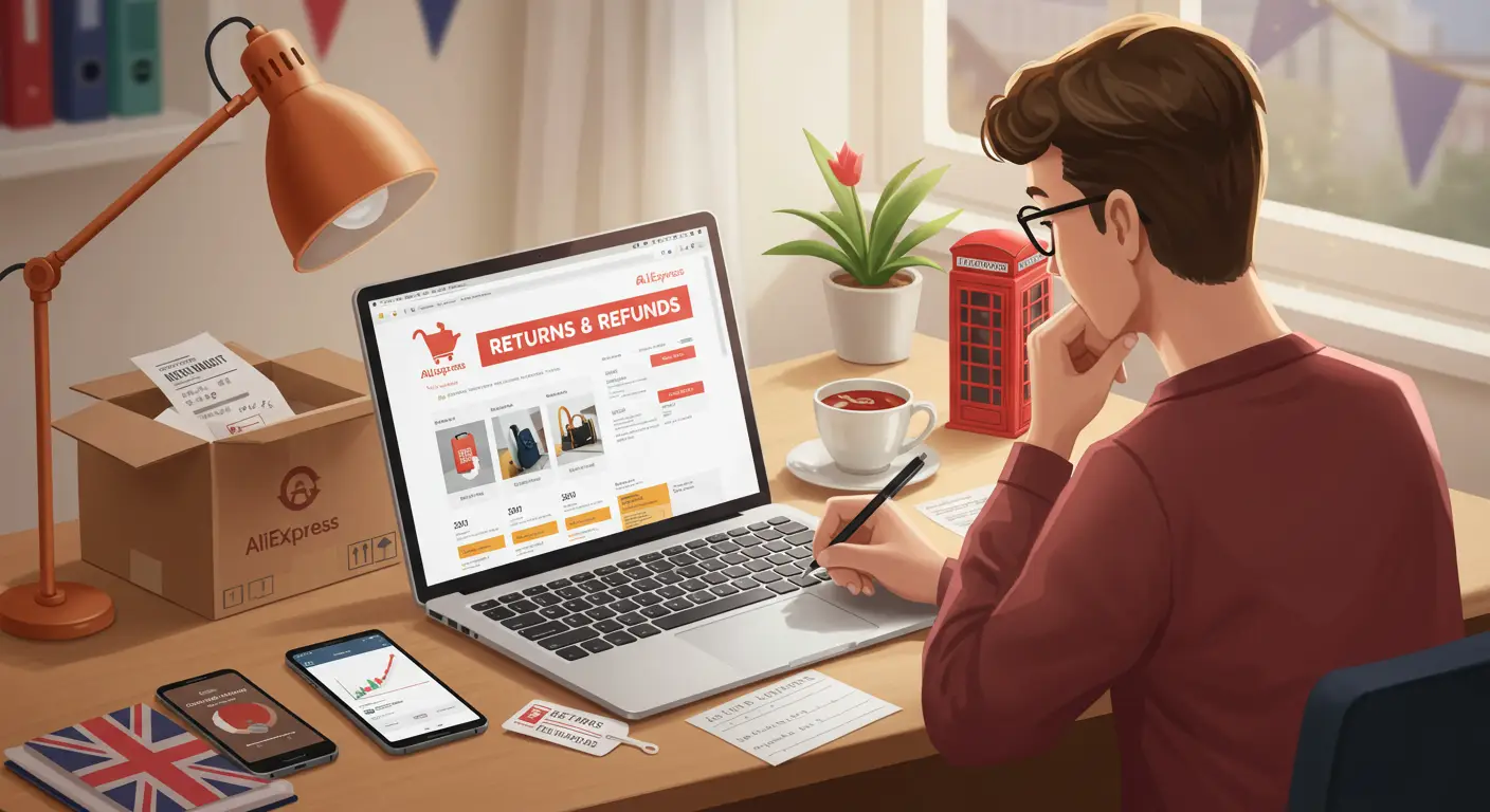 A laptop displaying the AliExpress website with a shopping cart icon and a question mark, symbolising uncertainty about return policies.