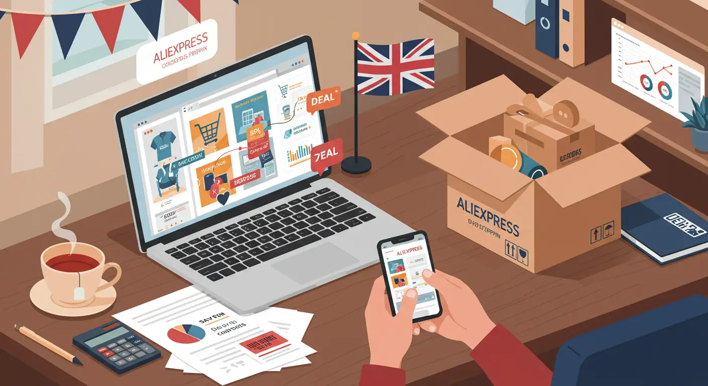 A laptop displaying the AliExpress website with a shopping cart icon and British pound currency symbols, surrounded by packages and a notepad titled