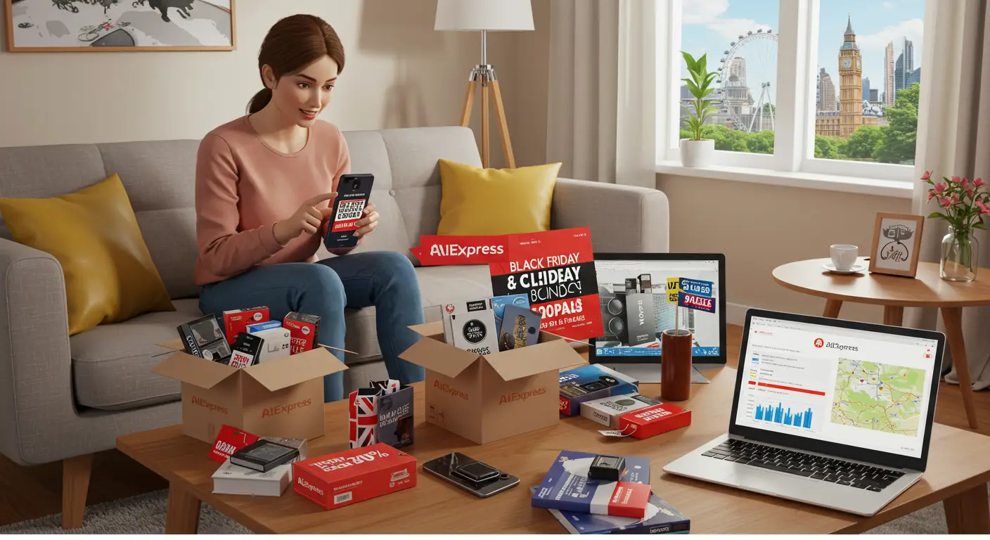 A laptop displaying the AliExpress website with Black Friday and Cyber Monday sale banners, surrounded by shopping bags and gift boxes, highlighting special deals for UK shoppers.