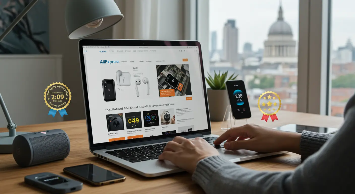A laptop displaying the AliExpress website with various tech gadgets, surrounded by shopping bags and electronic devices on a desk.