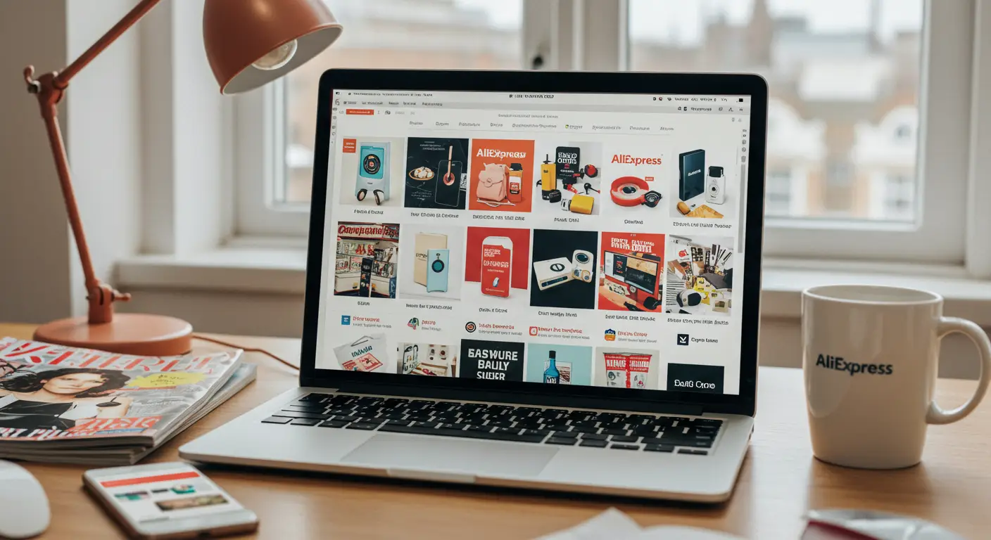 A laptop displaying the AliExpress website, with various trending products and store logos visible on the screen, surrounded by shopping bags and credit cards.