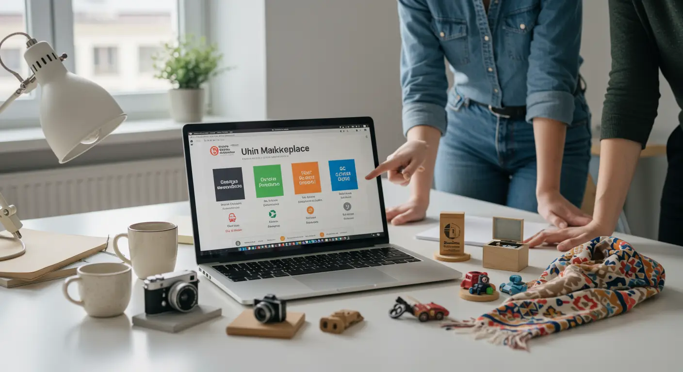 A laptop displaying various online shopping websites, with colourful product images and price tags, representing alternative marketplaces to AliExpress for unique and niche items.
