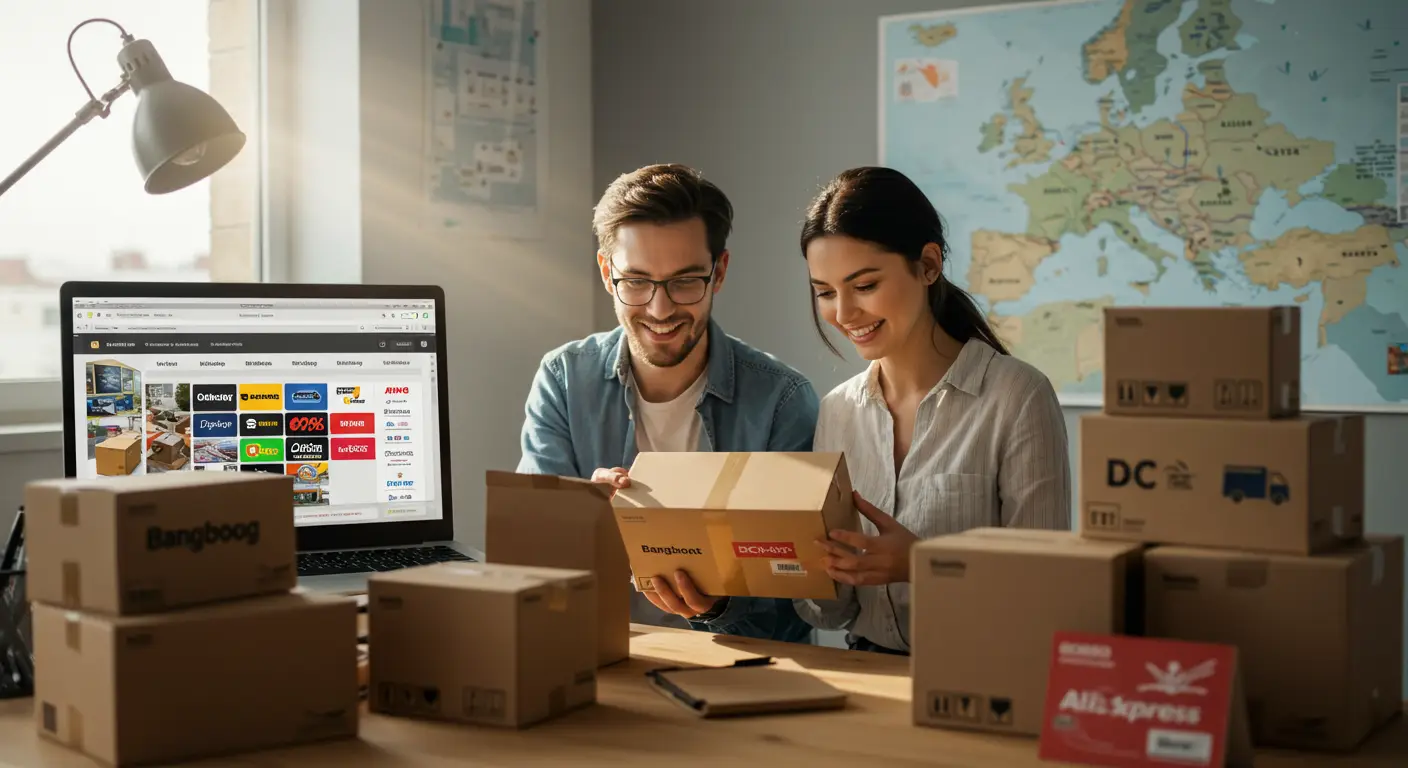 A laptop displaying various online shopping websites, with packages and a clock symbol emphasising faster shipping options.