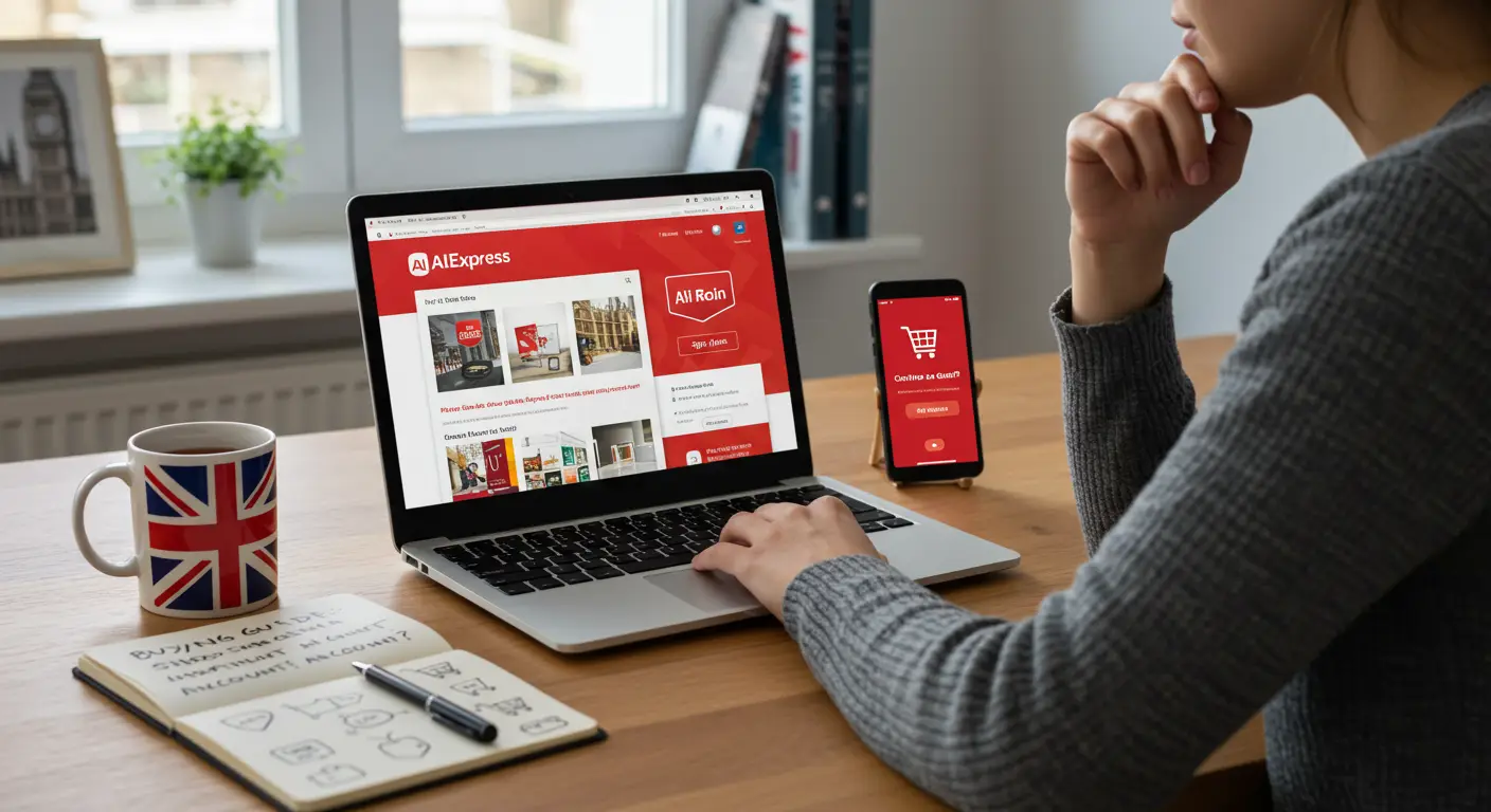 A laptop screen displaying the AliExpress homepage with a shopping cart icon, illustrating the process of online shopping without logging into an account.