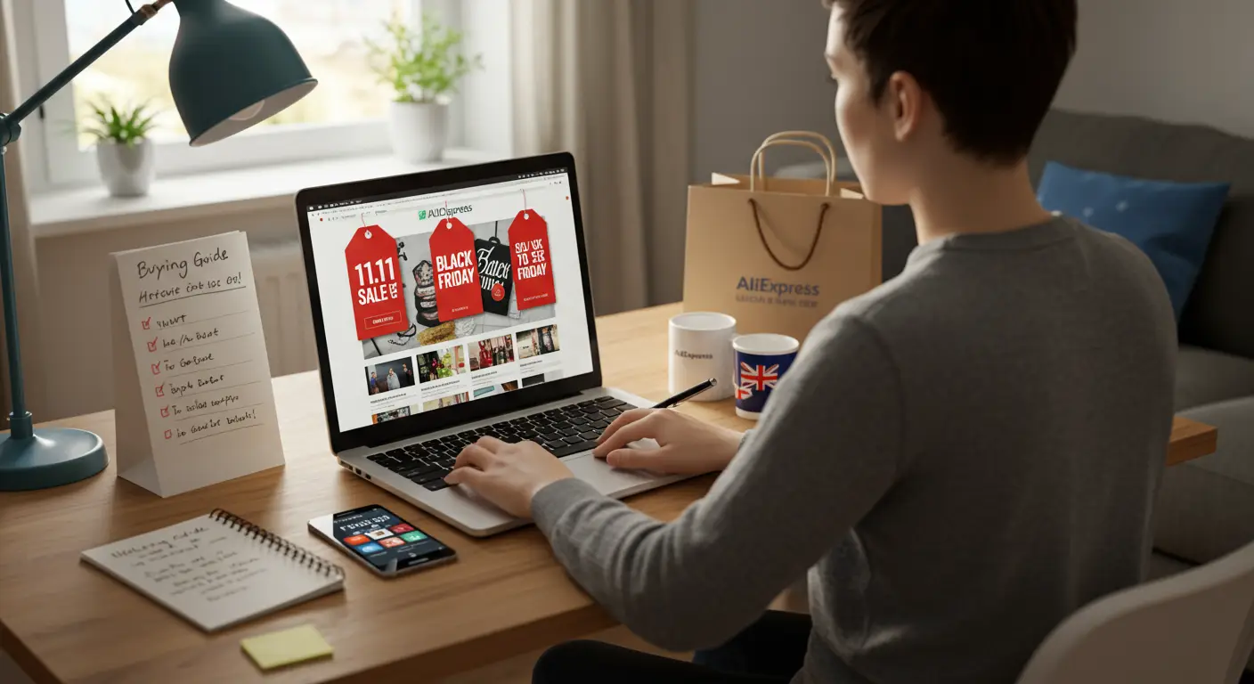 A laptop screen displaying the AliExpress homepage with promotional banners for big sale events like 11.11 and Black Friday; a person’s hands are visible typing on the keyboard.