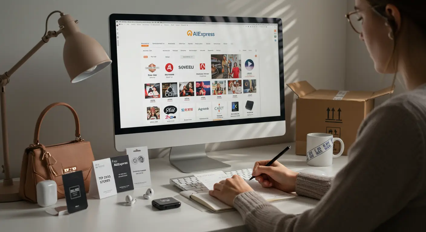 A laptop screen displaying the AliExpress homepage with various trending products, surrounded by shopping bags and a smartphone, representing popular online stores in 2025.
