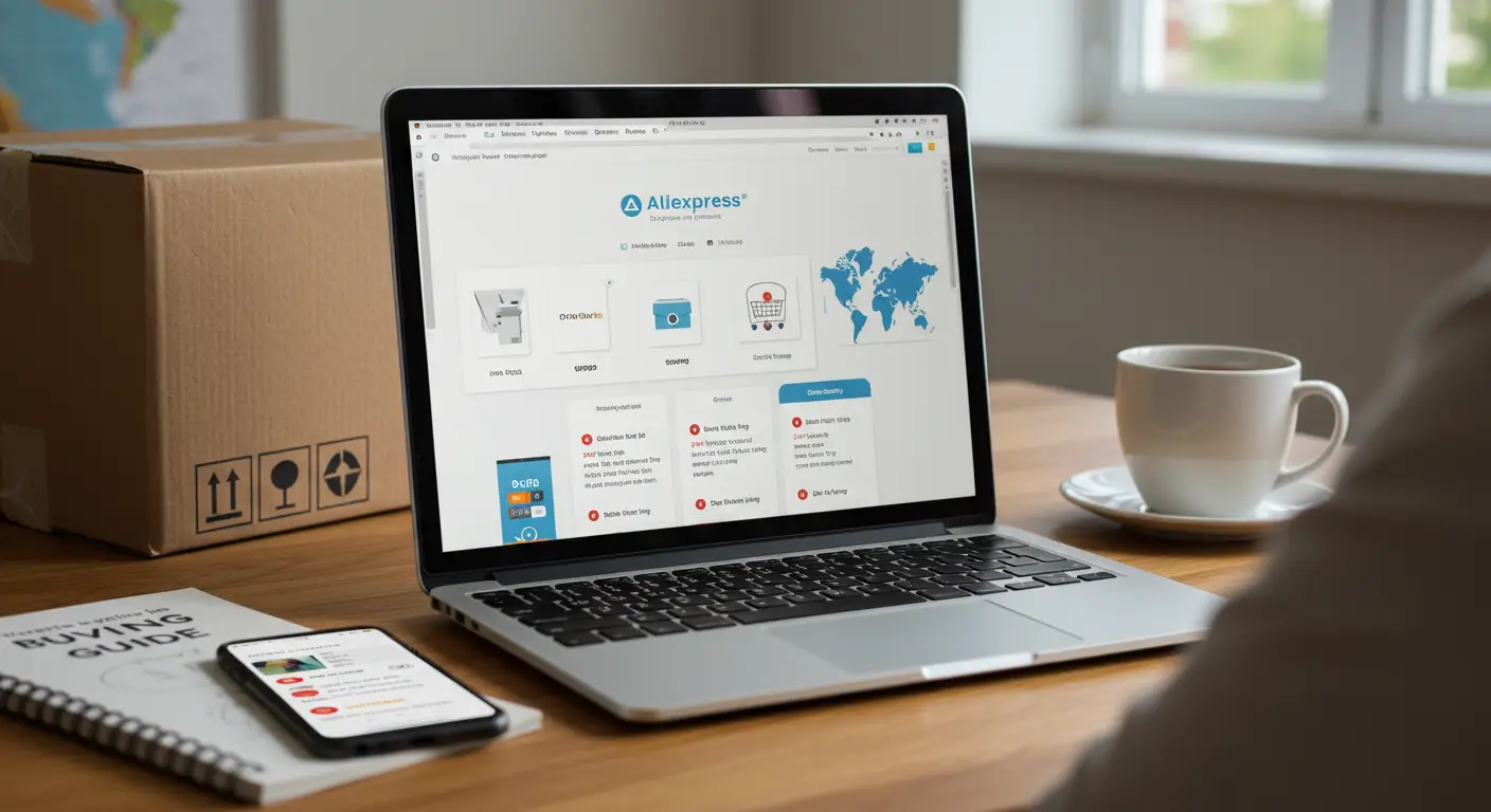 A laptop screen displaying the AliExpress website with various product listings, shopping icons, and a progress bar illustrating different order statuses.