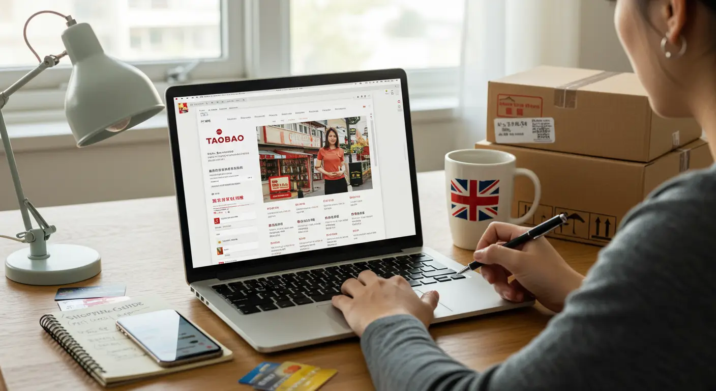 A laptop screen displaying the Taobao homepage in English, with a shopper browsing various product categories and items online.