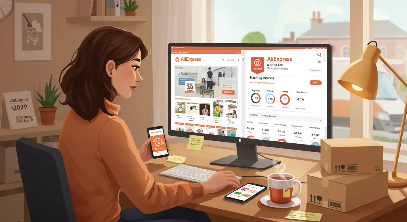 A laptop screen displaying various AliExpress order tracking tools, surrounded by shopping bags, parcels, and a smartphone, highlighting the concept of tracking online purchases.